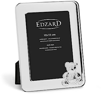 EDZARD Kinder-Bilderrahmen Paul (Foto 10x15 cm) versilbert anlaufgeschützt | Silberrahmen für Fotos 10x15 cm, mit Teddybär-Motiv, Samtrücken, zum Stellen und Hängen, Kinderfotorahmen