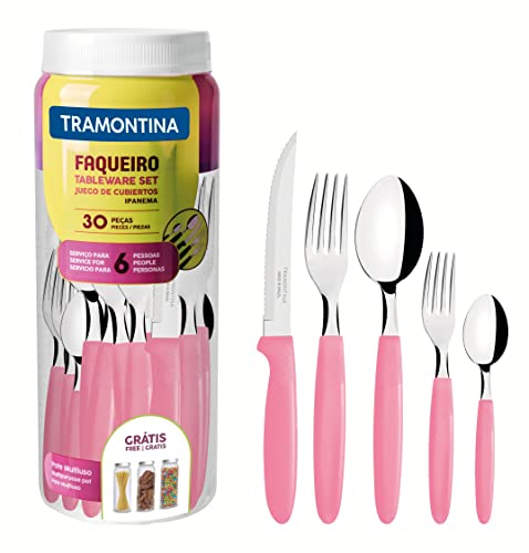 Set di posate Tramontina Ipanema da 30 pezzi con lame in acciaio inossidabile e manici in polipropilene rosa e pentola in plastica