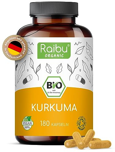 BIO Kurkuma Kapseln hochdosiert - 180 Curcuma Kapseln hochdosiert, 3000mg pro Tagesdosis - Hoher Curcumin Gehalt, in Deutschland produziert - Vegan kurkuma kapseln hochdosiert - Raibu