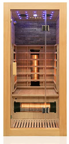 Dewello® Infrarotkabine Infrarotsauna MILTON 90x90 für 1 Personen aus Hemlock Holz mit Vollspektrumstrahler, LED-Farblicht Sternenhimmel und Steinwand, Bluetooth, FM,MP3,USB