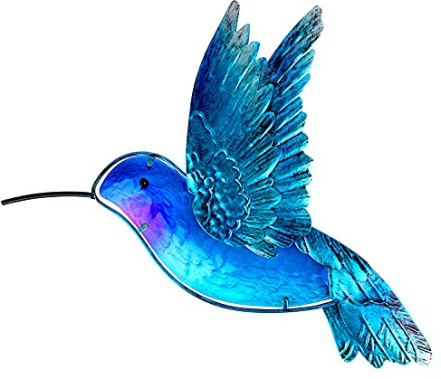 John's Studio Metal Hummingbird Wall Decor Bathroom Glass Art Iron Sculpture Outdoor Blue Hanging Decoration for Home Bedroom Garden Patio Porch or Fence - Blue