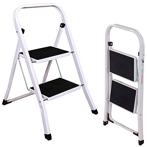 Escabeau Pliable Antidérapant à 2 Marches, Echelle Marchepied en Acier, Capacité de 150 KG, Échelle de Sécurité pour Garage Cuisine à Domicile, Blanc et Noir