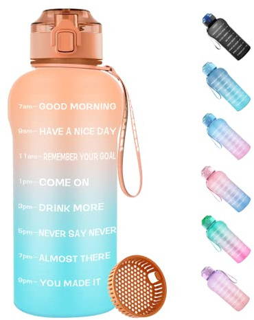 WEMEET Borraccia 2L con Filtro [Tritan Senza BPA], Motivazionale Borraccia Sportiva 2 Litro con Marcatori di Tempo, Bottiglia Acqua Sportiva per Palestra, Campeggio, Yoga, Picnic Arancia Verde