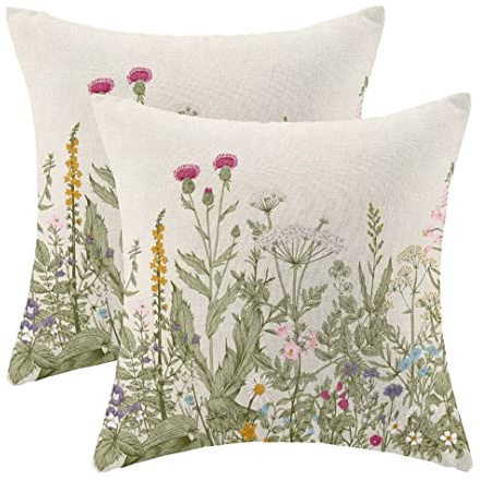 AEIOAE Spring Flower Pillow Covers 16 X 16 Inch Set of 2, Sage Green Leaves Floral Throw Pillow Covers Wildflower Herbs Plant Outdoor Farmhouse Decorative Pillows for Couch Sofa Home