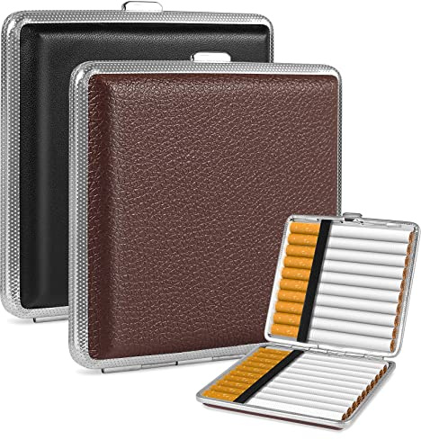 Foonii 2Stk Leder Metall Zigarettenetui,PU Zigarettenschachtel für 20 Zigaretten,Zigarettencase mit Schnappverschluss,Edelstahl Zigarettenbox 10*9.5*1.9 cm für Hosen und Hemdtaschen(Schwarz+Braun)