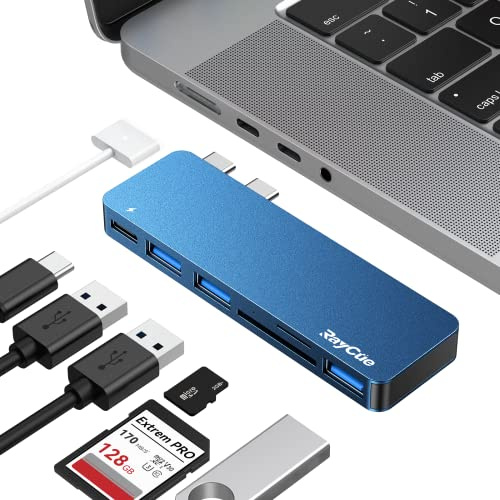 RayCue USB-C Adapter für MacBook Pro/Air - 3 USB 3.0-Anschlüsse, Kartenleser, Thunderbolt 3 PD Port & MagSafe 3 Ladeunterstützung