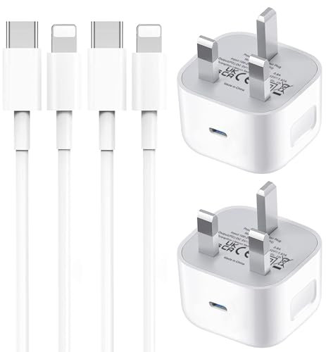 2 Pack USB C Plug for iPhone Charger, Type C Fast Charger Plug and Cable for iPhone Fast Charger Lead and Plug Fast Charge for Apple iPhone 14/14 Pro/13/13 Pro Max/12/12 Pro/11, USBC Plug UK and Wire