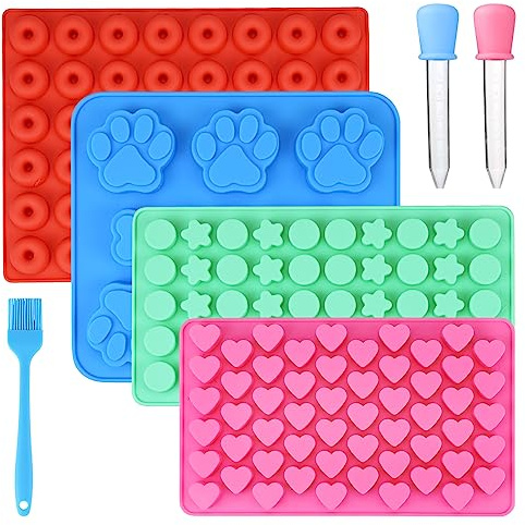 4 Piezas Moldes para Comida de Perro, Molde de Silicona Antiadherentes con 2 Cuentagotas 1 Raspador, Alfombrilla para Hornear, Moldes de Silicona Para Hacer Galletas Gomitas Chocolates Caramelos