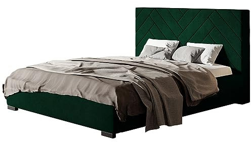 AlpiMeble Polsterbett Sevilla mit Kopfteil, 140x200 cm, Doppelbett mit Bettkasten und Lattenrost aus Holz, Velourstoff Grün