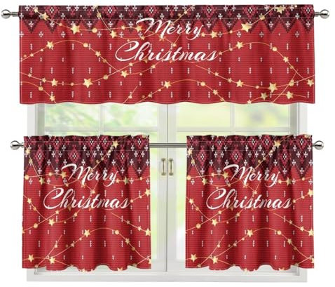 Suhoaziia Frohe Weihnachten Küchengardinen Volants Sets für Fenster, Verdunkelung Küchenvorhänge Fensterbehandlungen Kleine Vorhänge Sets für Schlafzimmer Badezimmer Wohnzimmer 3 Stück