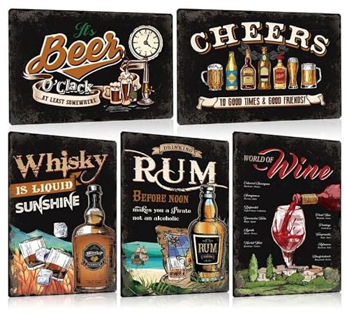 LOT DE 5PCS - Bar Decoration Murale en Plaque Metal Vintage - Pub Pancarte Deco Accessoire Pour la Bistrot Club Cave Restaurant Cuisine - TAILLE A4