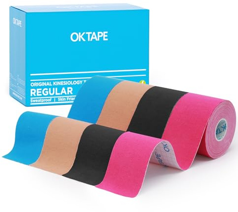 OK TAPE Bande Kinésiologie Tape, ruban athlétique élastique en coton original de base, sportif thérapeutique pour soulager la douleur, 5cm x 5m,4 Rouleaux,Couleurs mélangées