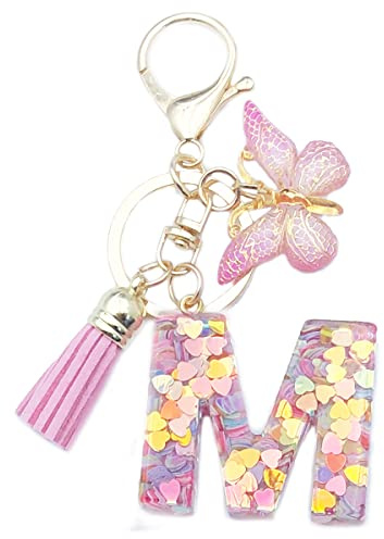 Xsclpomddy Frauen Alphabet Buchstaben Schlüsselanhänger Niedlich Schlüsselanhänger Glitzer mit Schmetterling Quasten Harz Rosa.Keychain für Tasche Charme