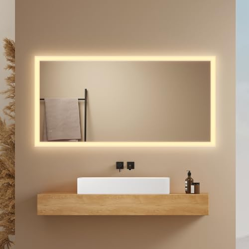EMKE Badspiegel mit Beleuchtung 120x60cm, 3000K Warmweiß | LED-Lichtspiegel für Wandschalter, Vertikal/Horizontal Montage, IP44 Schutz, explosionssicherer Badezimmerspiegel
