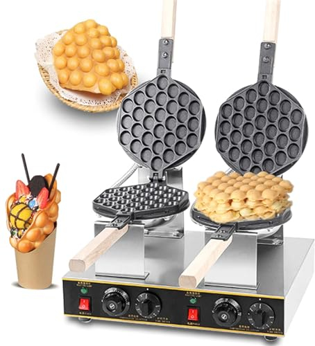 DFANCE Bubble Waffle Maker de Estilo de Hong Kong,Placa de Horneado Intercambiable y Antiadherente de Teflón con Rotación de 180°,para Hacer Bubble Waffles(Size:Cabeza Doble)
