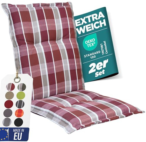 gardisun Gartenstuhlauflagen Niedriglehner, 2er Set, Rot kariert Pastell | Extra Dicke Sitzauflagen, Made in EU, Stuhlauflagen für Niederlehner Gartenstuhl, Auflagen mit extra hoher Lichtechtheit