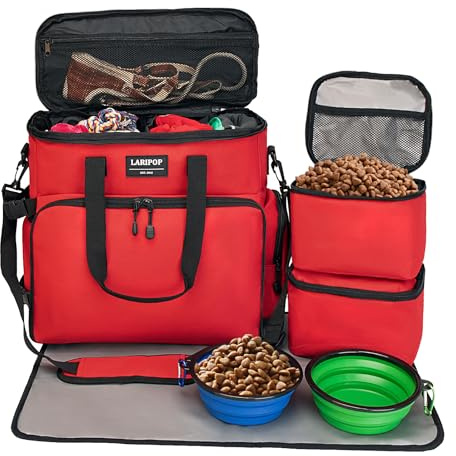 LARIPOP Reisetasche für Hunde, Haustier-Reisetasche (alle Haustier-Reisebedarf), inklusive 2 faltbaren Näpfen, 2 Hundefutter-Aufbewahrungsbehältern und 1 Futtermatte, unverzichtbare Kits für