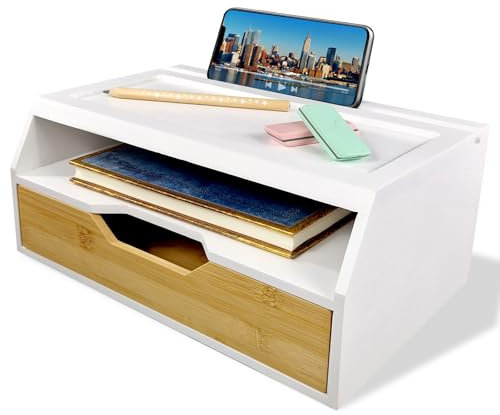DGREGIO A4 Schreibtisch-Organizer aus Bambus, Büro Dokumentenablage Schreibtischablage mit Handy und Tablethalterung, Briefablage Ablagefächer Papierablage Bürozubehör Ordner Schubladenbox