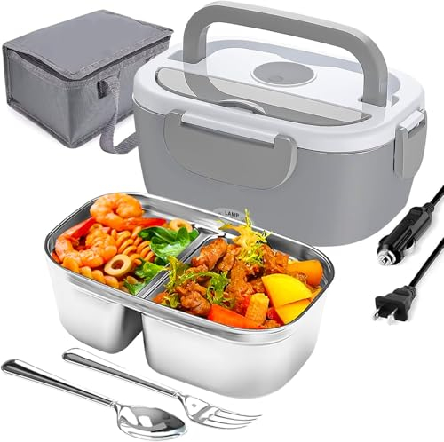 Uezeth 80W Gamelle Chauffante Electrique, 1.5L Lunch Box Chauffante, 12V/24V/220V, Acier Inoxydable DéTachable, Avec Sac Isolant, CuillèRe Et Fourchette, Pour Bureau, éCole, Voiture, Camion, Voyage