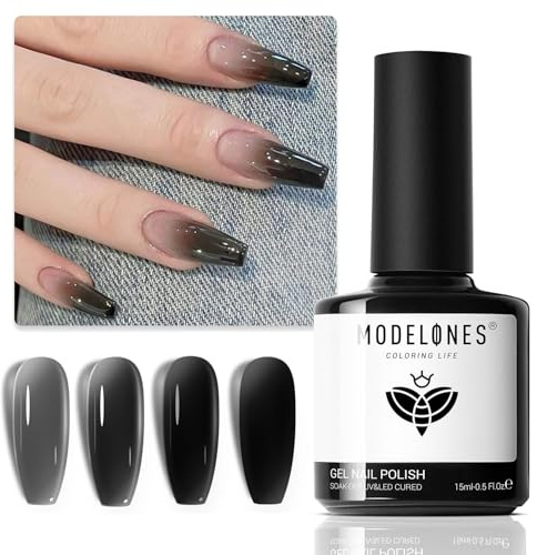 MODELONES UV Nagellack Jelly Schwarz, 15 ML Gellack Schwarz, Gel Nail Polish Soak Off Nägel, Gel Nagellack Uv Nageldesign Maniküre für Frauen und Mädchen