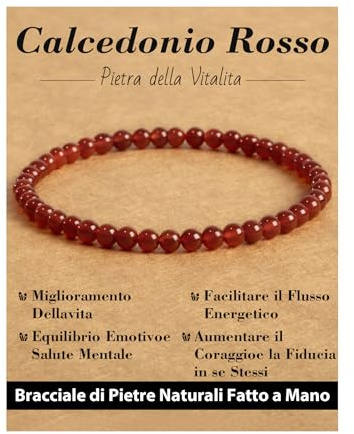 Landorilo Bracciale di Pietre Naturali Rotonde da 4 mm, Braccialetti Yoga Elastico per Uomo e Donne, Bracciali Portafortuna con Perline di Ricambio, Regali di Gioielli(R Calcedonio rosso)