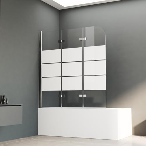 Duschwand für Badewanne 130 x 140 cm, Duschwand 3-teilig Faltbar mit Streifen Duschfaltwand Badewannenaufsatz Duschtrennwand Badewannenwand Duschabtrennung für Badewanne 6mm ESG Glas