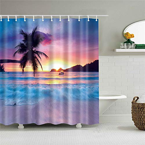 Duschvorhang Lila Palme Baum Duschvorhang Stoff Polyester Shower Curtains Anti Schimmel Badevorhang Waschbar Duschvorhang Wasserdicht Duschvorhänge mit 12 Duschvorhangringen 200x220cm