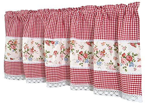 Dreamskull Visillo de bistró rústico, para cocina, corta, moderna, opaca, corta, con flores, encaje, 150 cm de ancho, a cuadros, para ventanas pequeñas