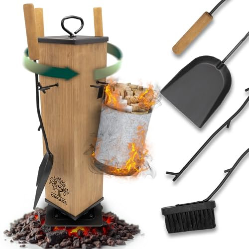 OAKAGE Kaminbesteck Classic Modern [integrierer Holzkorb & drehbarem Kern] Hochwertiges Kaminzubehör mit Holzgriff | Kaminofen Besteck mit Kehrset & Schürhaken | Ofenbesteck Garnitur für Ofen & Kamin