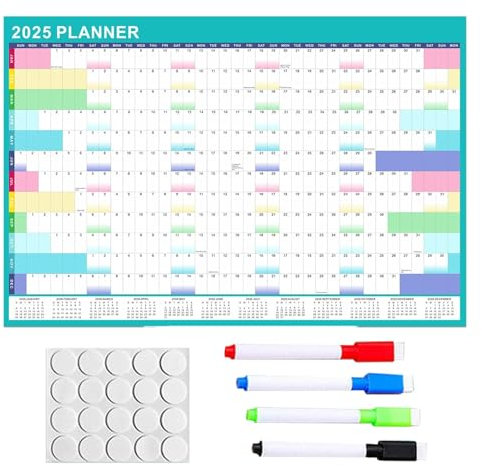 Trocken abwischbarer Kalender mit Markern, Jahres Wandkalender und planer 2025, 90 x 60 cm wiederverwendbarer laminierter Poster Aufgabenorganisator, Jahresplaner für Büros, Küche, Schule, Zuhause