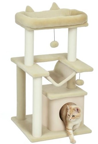 PawHut Kratzbaum 90 cm mit Hängematte für Katzen unter 4 kg Cremeweiß | Katzenturm, Höhle, 2 Plüschballen, Sisalstämme, Plattformen, Mehrstöckiger Katzenkratzbaum, Kletterbaum