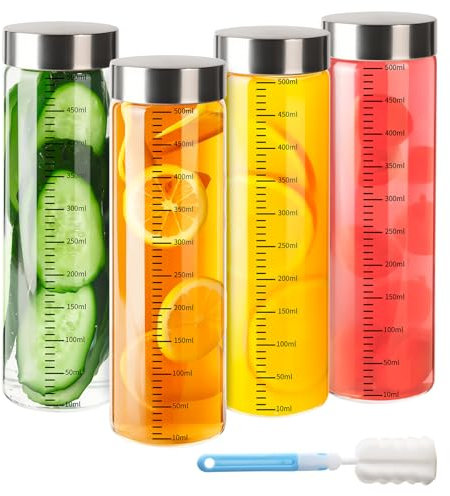 YBCPACK 16 OZ Glass Juice Bottles with Stainless Steel Lids, 4 Pack Reusable Smoothie Bottles with Scale Line, Leak Proof Juicing Bottle Leak Proof for Beverages, Milk, Tea, Vanilla Extract (500ml)