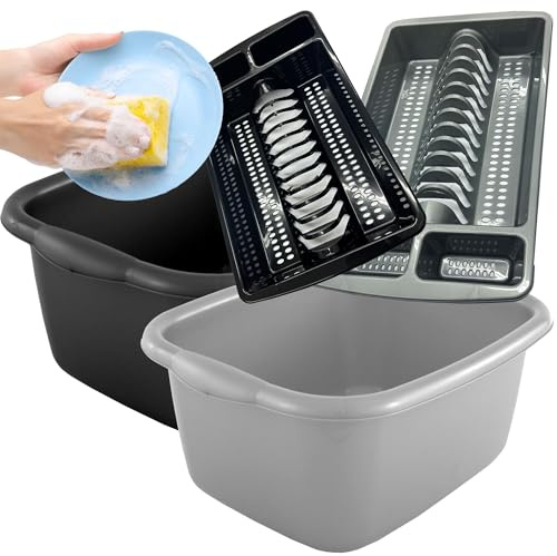 Rectangular Washing Up Bowl & Dish Drainer Rack Kitchen Sink Plate Holder | (Black Washing Up Bowl & Black Dish Drainer Rack)