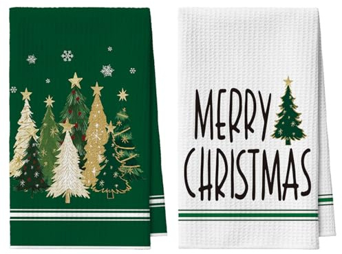 Artoid Mode Grün Kiefern Sterne Schneeflocken Weihnachten Küchentücher Geschirrtücher, 42x65 cm Merry Xmas Mikrofaser Saugfähig Küchen Deko 2er Set