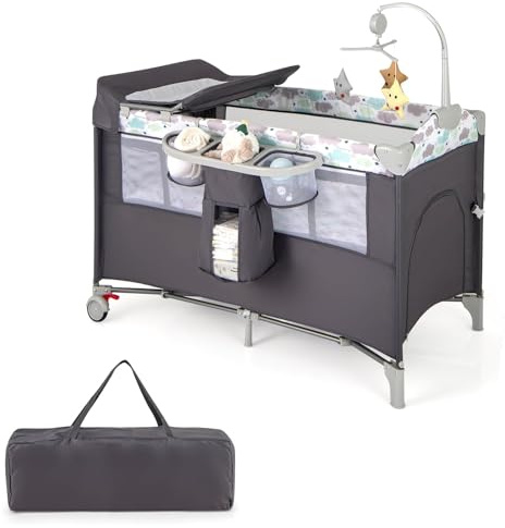 FANTASK Stubenwagen klappbar mit Matratze, Rollen, Spielbogen & Wickelauflage, 5 in 1 Beistellbett für Baby bis 3 Jahren (Grau)
