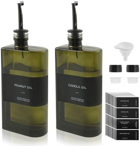 Fyeme Ölspender Glas 2 Stück Satz 500ML Hochtemperaturbeständig Dicht mit Verschlusskappe Trichter Düse 36 Etikett für Olivenöl Essig Sojasauce Sirup Kochwein Küche