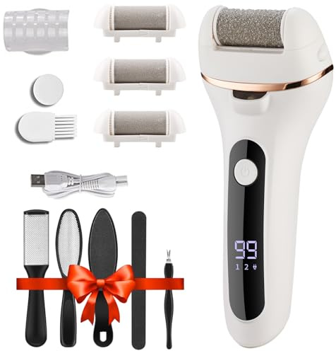 Electric Foot File, Professional Feet Hard Skin Remover, Rechargeable Foot Callus Remover Pedicure Kit with 3 Roller Heads for Dead Skin Dry Skin (White)