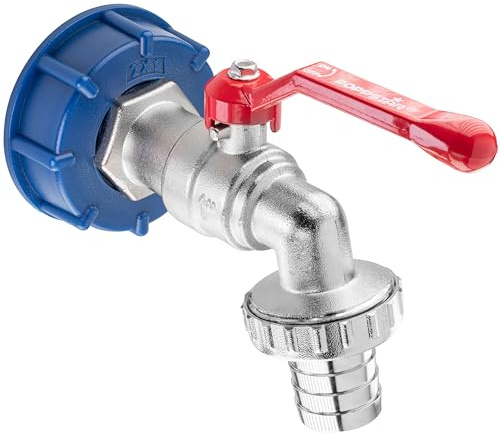 Poppstar Grifo para depósito IBC de 1 pulgada a 1 1/4 de pulgada (válvula de bola, tapa IBC S60x6 - rosca gruesa 60 mm, boquilla para manguera 25 mm), latón niquelado mate