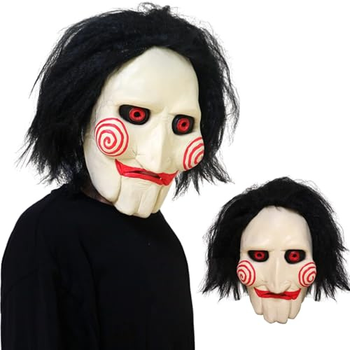 Lyxaof Adults Saw Jigsaw Mask Scary Billy Puppet Full Head Masks with Hair Halloween Carnival Party Cosplay Dress Up Props for Men Women