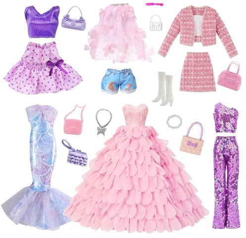 Rosa Puppenkleidung für 11,5 Zoll Puppen, Prinzessinnenkleid Grob Gestricktes Set Bühnenkleid Halsblütenblatt Set Meerjungfrauenkleid Ballett 10 Accessoires für Mädchen