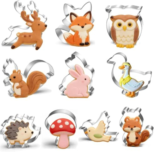 Emporte-pièces animaux de la forêt en inox, lot de 10 | Formes lapin, renard, cerf et autres pour biscuits, fondant et décoration