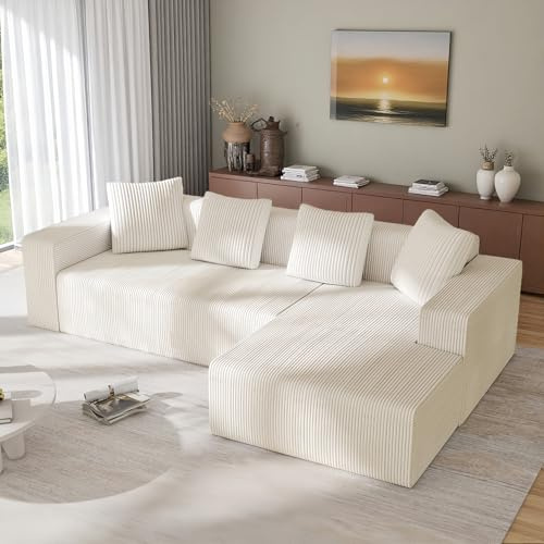 Sapgaks Canapé désossé entièrement compressé,canapé d'angle avec méridienne en Forme de L,Grand canapé 3 Places 261 cm,Profondeur d'assise 70 cm,Velours côtelé,Aucun Assemblage requis (Blanc)