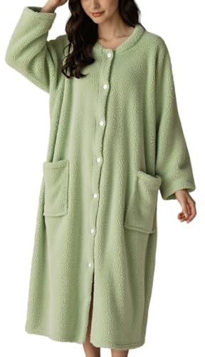 Bata Larga de Felpa Coral Suave y cálida para Mujer, con Bolsillo y Botones, Pijama Gruesa de Invierno, Bata Verde, mullida, de baño de Invierno.