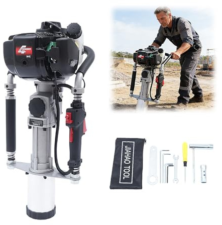 HUOMMGS 38 CC bensin stolplam 1 200 W stolpförare med 45/55 mm hylsor 4-taktsmotor bensin hammare med manuell start ramme för trädgårdsarbete, pontoner, jordningsvinkel 8 500 varv/min
