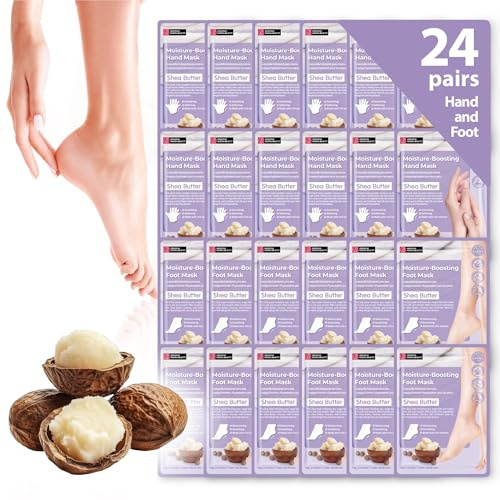 Innerest Juego de 24 máscaras de manos y pies (12 manos + 12 pies) manteca de karité, guantes y calcetines hidratantes para manos y pies secos agrietados, regalos esenciales de cuidado personal para