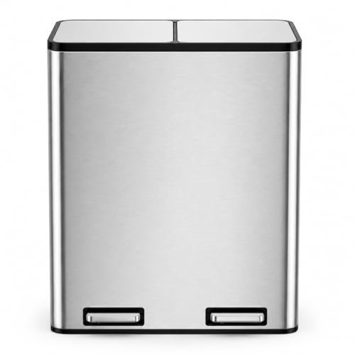 K Collection 60L Double Recycling Bin for Kitchen | Soft-Close Dual Pedal Step Bin | Brushed Stainless Steel | Anti-Fingerprint | Removable Inner Compartments | 2 x 30L