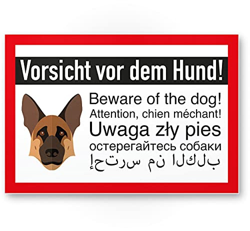 Komma Security Schild Schäferhund - Vorsicht vor dem Hund Achtung Schäferhund - Hunde Schild Hinweisschild Grundstück mehrsprachig German Shepherd - Türschild Haustüre Einbruchschutz