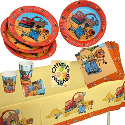 HHO Baustelle Bagger Baumeister Partyset 37tlg. für 8 Kinder Teller Becher Servietten Tischdecke