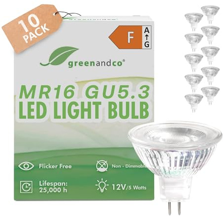 10x GU 5.3 MR16 LED 12V | ersätter 40 W | varmvitt 3000 K | CRI 90+ | 5W 400 lm | 38° Strålningsvinkel | Inget flimmer | COB-LED-glödlampa | ej dimbar