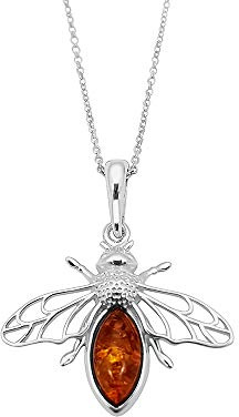 Kiara Jewellery Collar con colgante de abeja voladora de plata de ley 925 con ámbar báltico marrón en cadena de plata de ley de 45,7 cm., Plata esterlina, Ámbar
